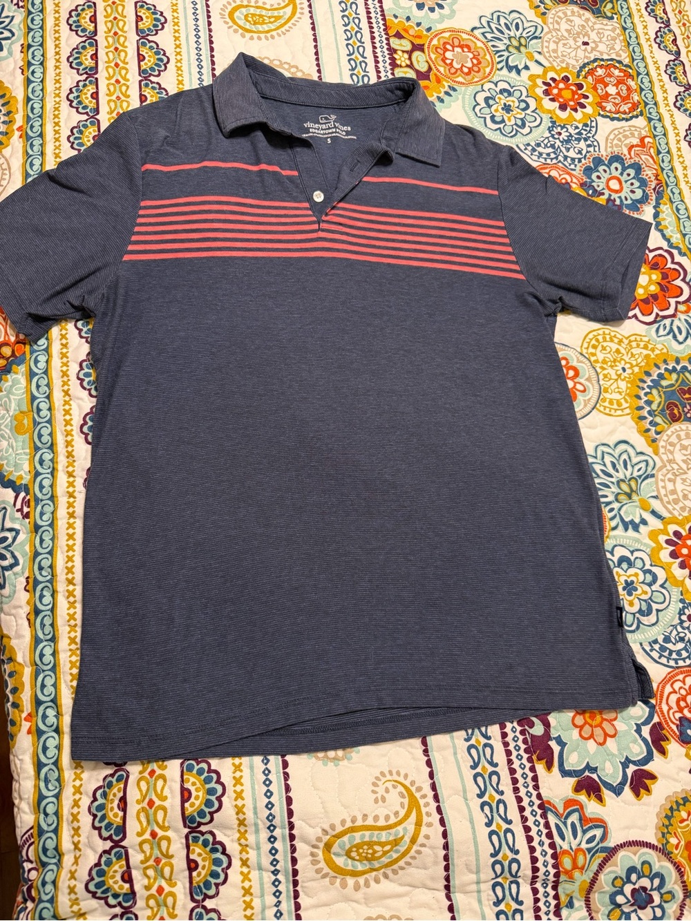 Vineyard Vines Navy Polo with Coral Stripes